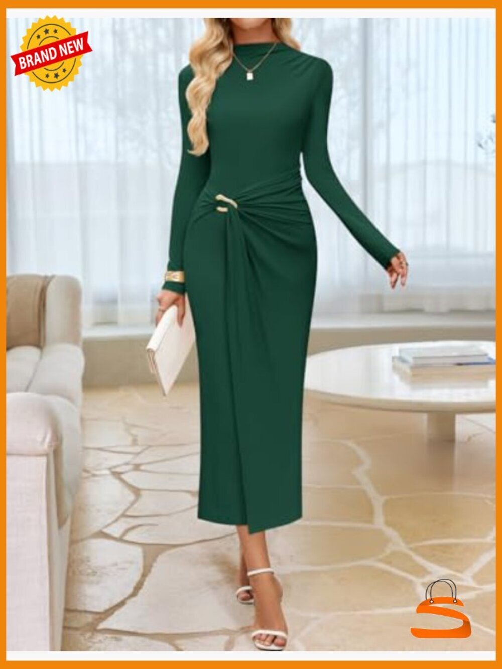 Long Sleeve Mock Neck Bodycon Midi Dress Cocktail Party Wedding Guest Dress - Picture 2 of 7